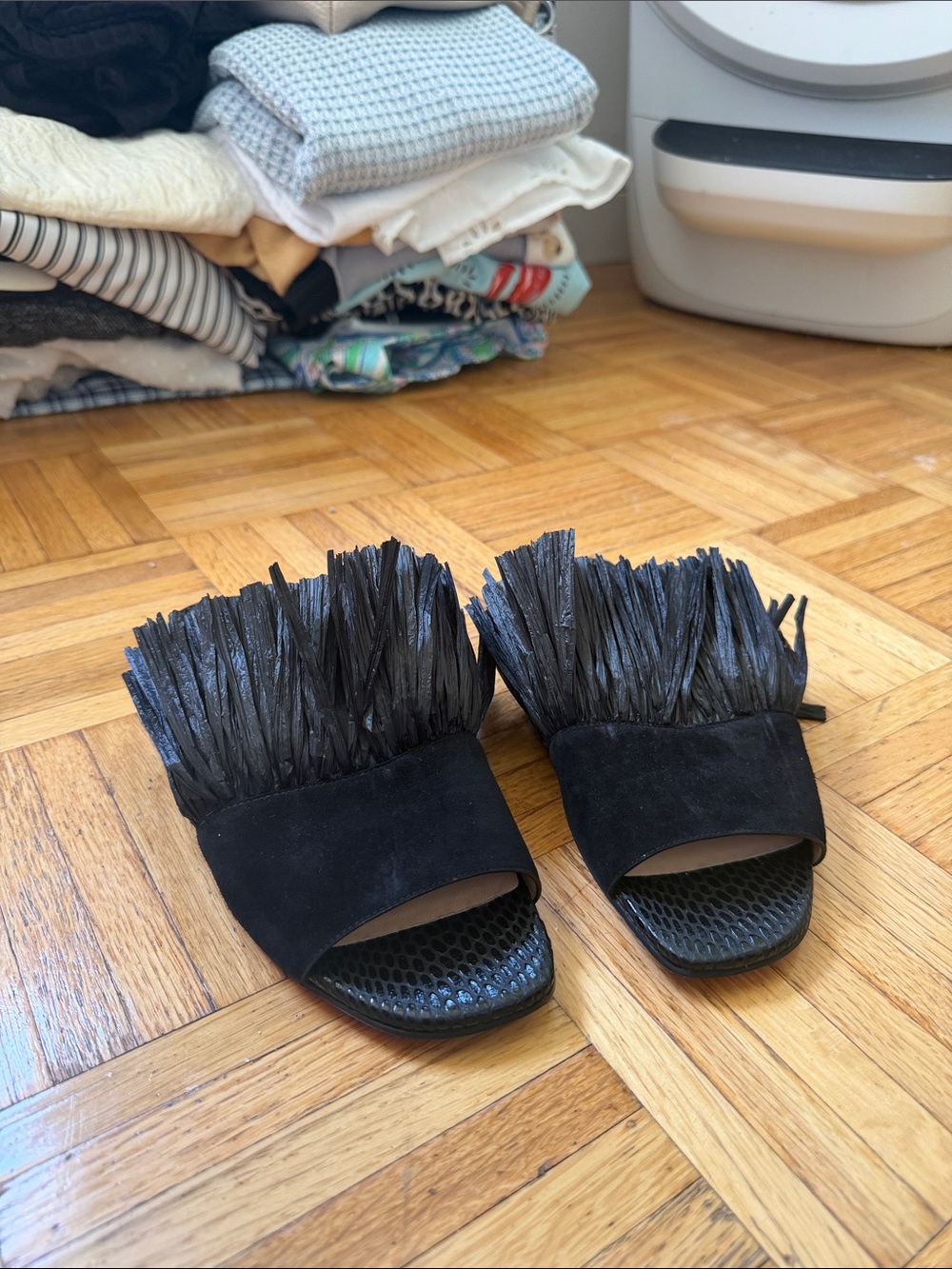 Christian Louboutin Black Fringe Suede Slide Sandals